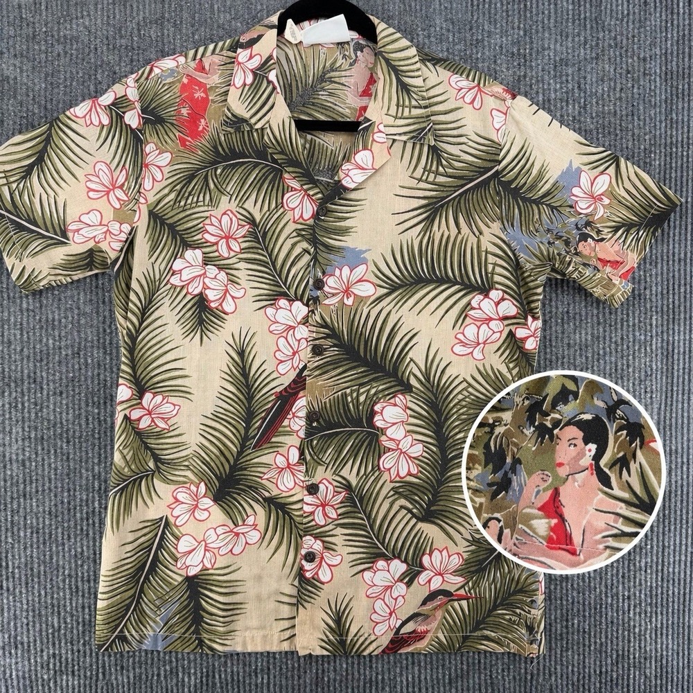 Vintage Hawaiian Shirt‎ Mens M Scenic Island Girl Bird Rayon Aloha Y2K